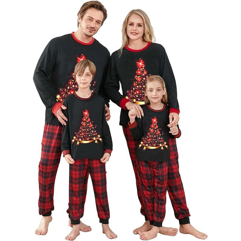 2024 New Xmas Pj's Clothes Christmas Family Pajamas Matching Set Elk Print Long Sleeve Tops and Stretch Plaid Pants Sleepwear Soft Nightwear Homewear Loungewear