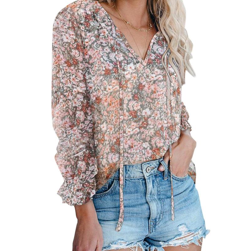 Dokotoo Women's Casual Boho Floral Printed V Neck Tops Drawstring Short Long Sleeve T Shirt Blouses