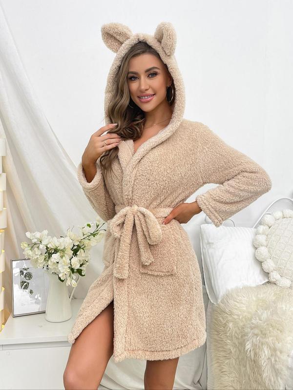 Women's Plain Pocket Hooded Robe, Casual Belted Long Sleeve Flannel Bathrobe For Home Spa, Women' Clothing For Fall Winter, Cold Weather Gear