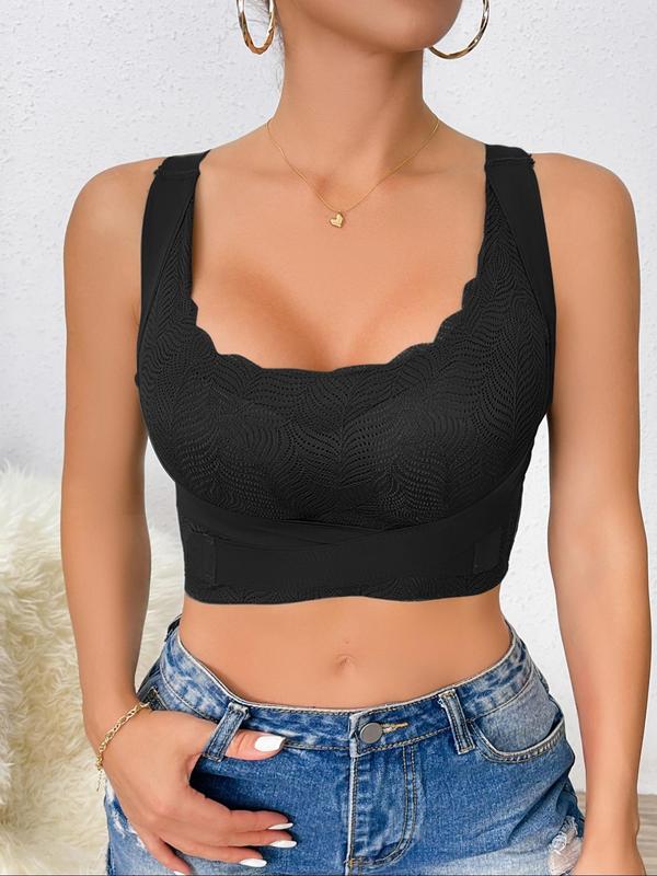 Women's Solid Criss Cross Cut Out Scallop Lace Lingerie Top, Breathable Buckle Front Push Up Bra for Daily Wear, Lady Underwear Top