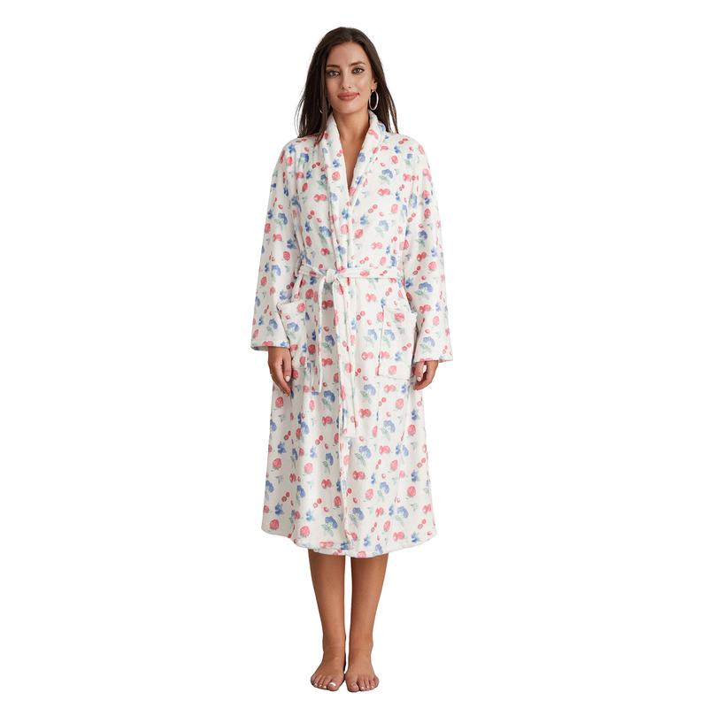 Women Dressing Gown Flannel Robe Floral Print Shawl Collar Bathrobe for Hotel Spa Party Kimono Robe with Belt