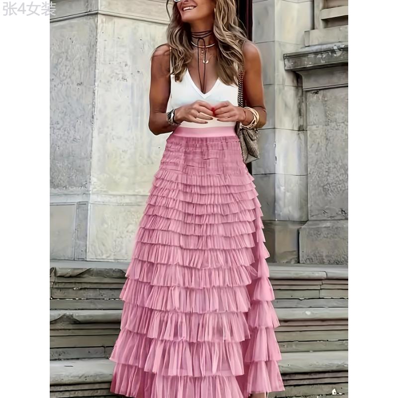 Solid Layered Ruffle Mesh Trim Skirt, Elegant High Waist Skirt For Spring & Fall, Women's Clothing Fabric Womenswear