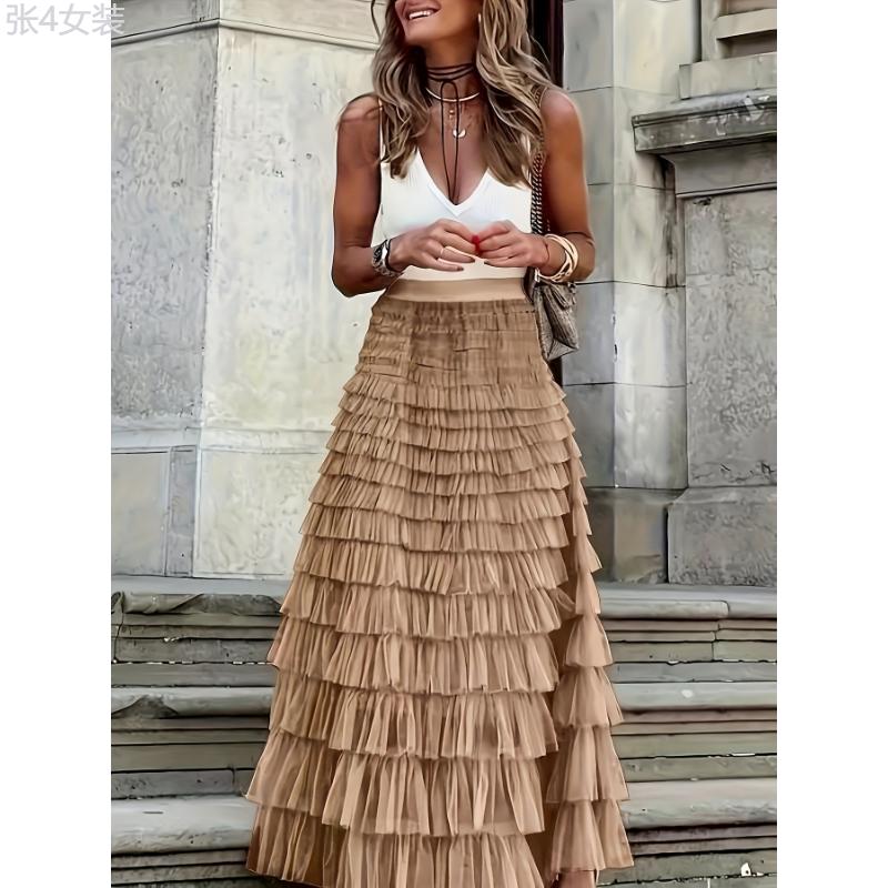 Solid Layered Ruffle Mesh Trim Skirt, Elegant High Waist Skirt For Spring & Fall, Women's Clothing Fabric Womenswear