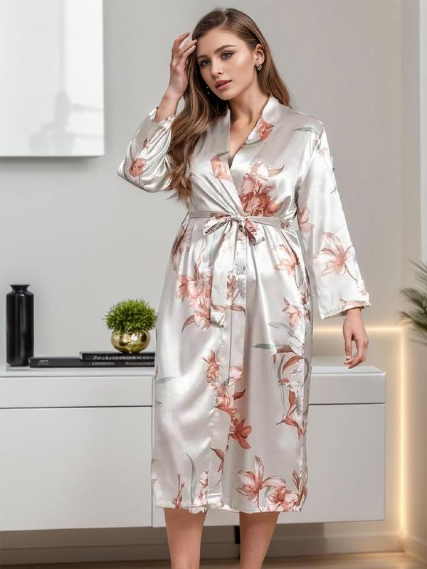 Plus Size Floral Print Belted Satin Robe, Casual Comfy Long Sleeve Dressing Gown, Women's Sleepwear for All Seasons