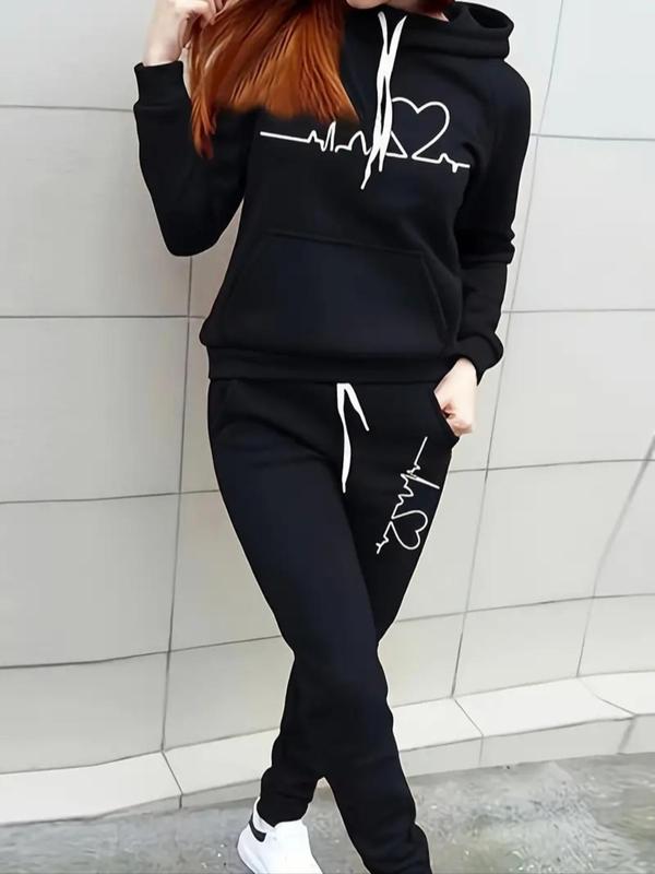 Two-piece Set Women's Heart Print Raglan Sleeve Hoodie & Drawstring Waist Sweatpants Set, Casual Long Sleeve Hooded Pullover & Pocket Jogger Pants, Two Piece Set Women, Women's Fall & Winter Clothes