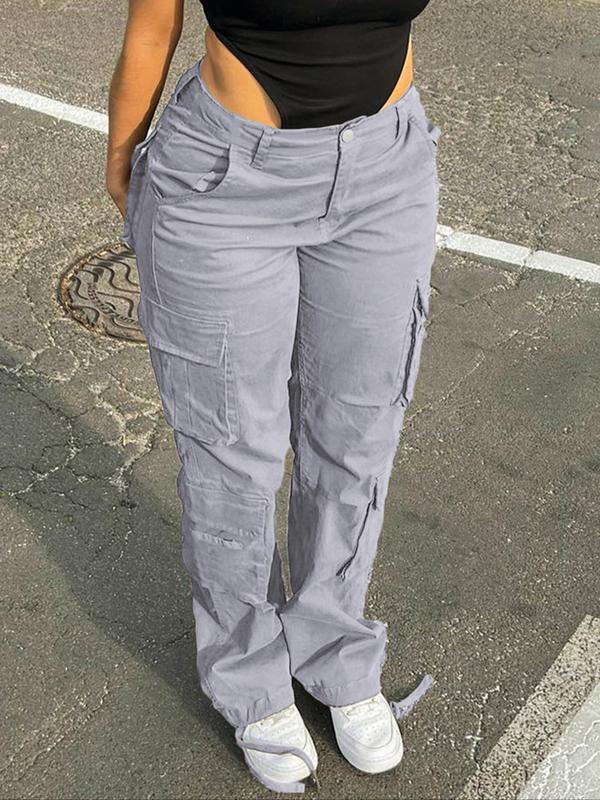 Women's Plain Low Waist Drawstring Cargo Pants, Street Fashion Casual Multi-pocket Trousers for Daily Wear, Ladies Bottoms for All Seasons, Downtown Girl Clothes, Comfy Pants