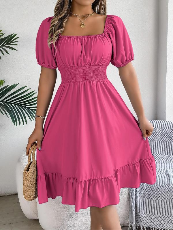 Women's Plain Ruffle Hem Shirred Puff Sleeve A Line Frenchy Style Dress, Elegant Short Sleeve Square Neck Midi Dress for Summer, Back To School Outfits, Summer Dresses, Summer Outfits 2024, Ladies Dress for Beach Holiday, Vintage Clothing