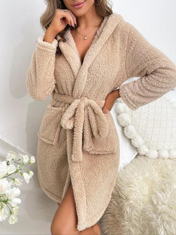 Women's Plain Pocket Hooded Robe, Casual Belted Long Sleeve Flannel Bathrobe For Home Spa, Women' Clothing For Fall Winter, Cold Weather Gear