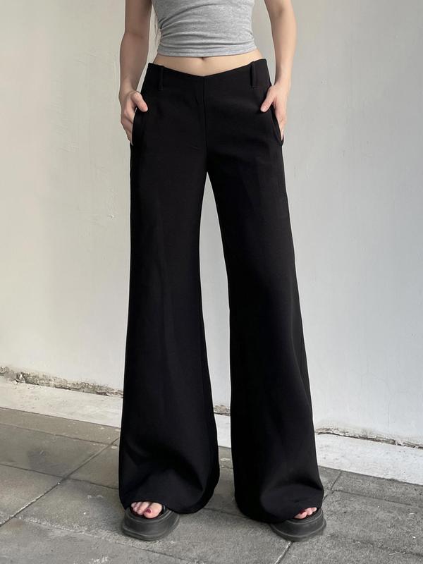 Women's Plain Pocket Zipper Wide Leg Pants, Casual Comfy Trousers for Daily Wear, Ladies Bottoms for Summer