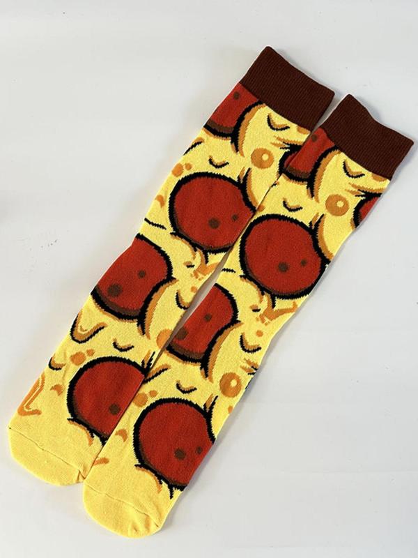 Women's Cartoon Pizza Print Mid-calf Socks, Cute Comfy Breathable Socks for Daily Wear, Women's Socks for All Seasons