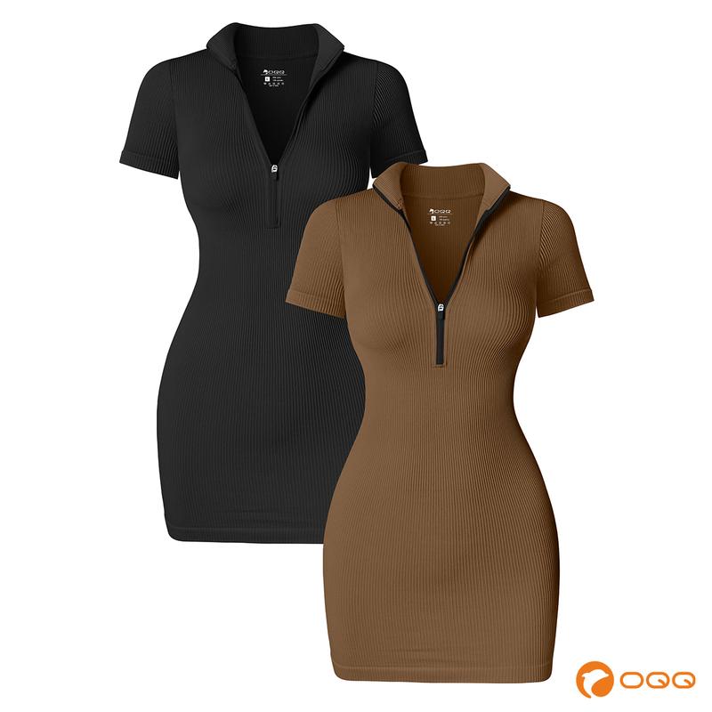 OQQfitness Womenswear Short Dresses Lapel Zip Tight Dresses Stretchy Womenswear Summer Casual Wear