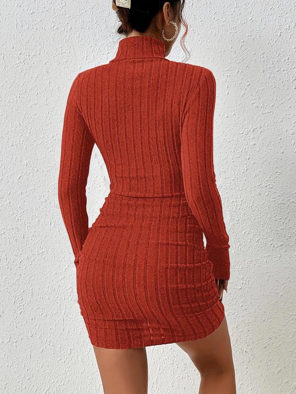 Women's Thin Minimalist Ribbed Knit Long Sleeve Turtle Neck Bodycon Dress, Longsleeves High Neck Short Tight Dresses Basic Comfortable Lady Casual Womenswear