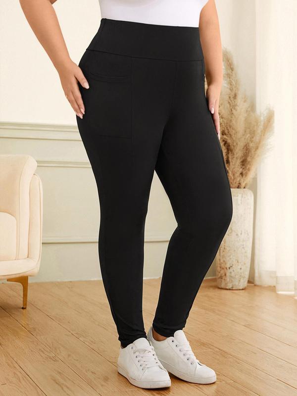 CURVZY Plus Size Solid High Waist Pocket Leggings, Casual Comfy Breathable Skinny Pants for Daily Wear, Women's Bottoms for All Seasons