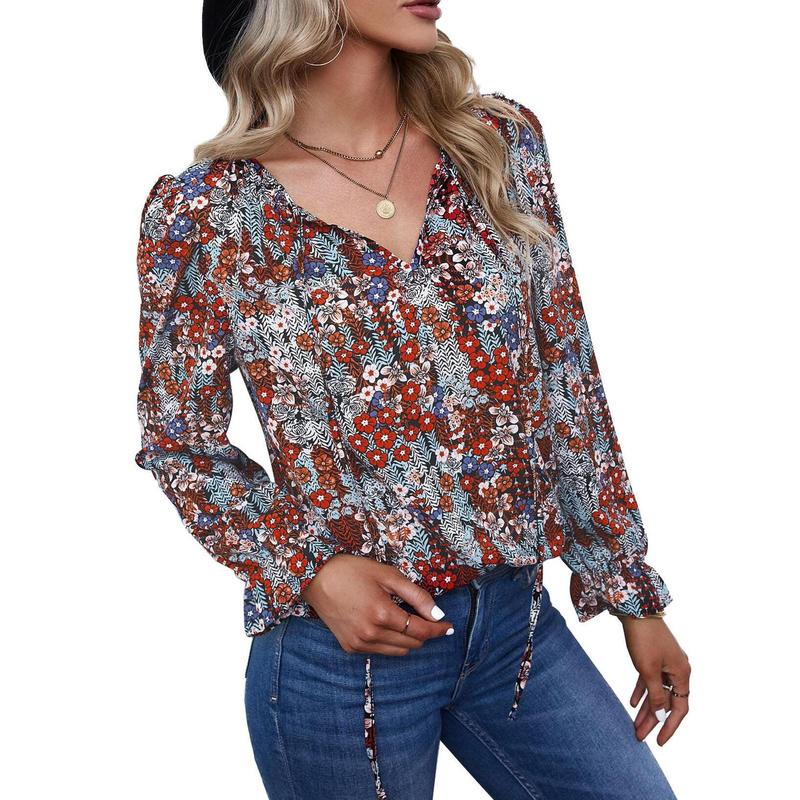 Dokotoo Women's Casual Boho Floral Printed V Neck Tops Drawstring Short Long Sleeve T Shirt Blouses