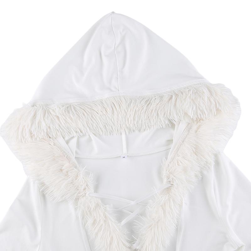 Women's Christmas Dress White Plush Fur Trim V-neck Hooded Bodycon Mini Dress Christmas Mrs Claus Costumes Halloween Cosplay Outfit Womenswear Check