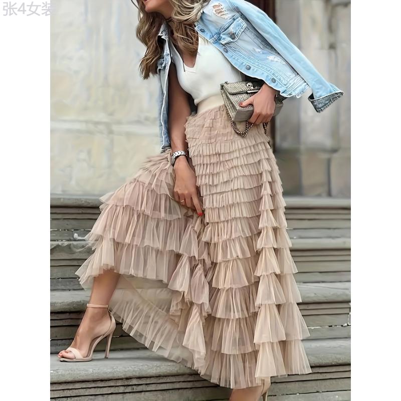 Solid Layered Ruffle Mesh Trim Skirt, Elegant High Waist Skirt For Spring & Fall, Women's Clothing Fabric Womenswear