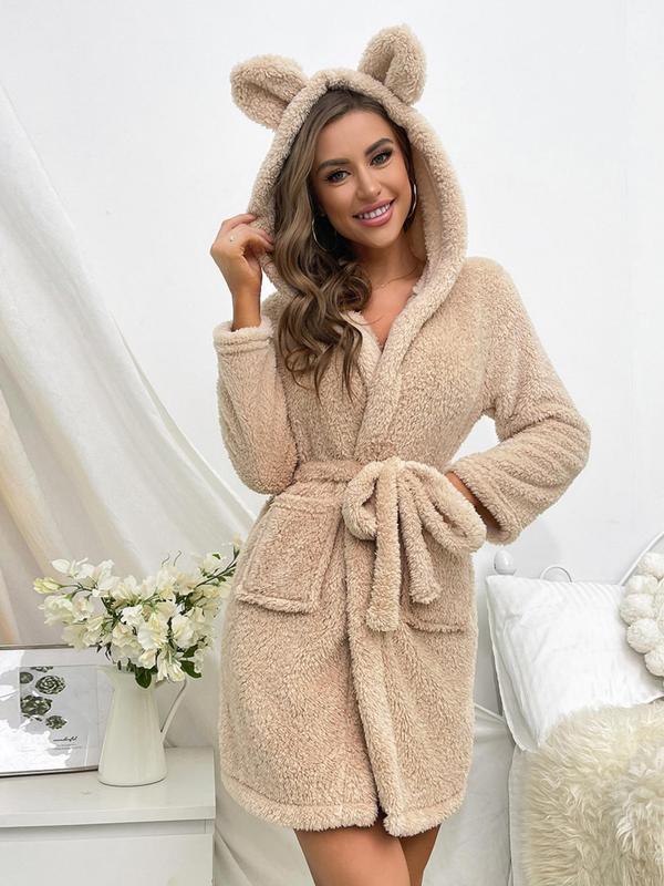 Women's Plain Pocket Hooded Robe, Casual Belted Long Sleeve Flannel Bathrobe For Home Spa, Women' Clothing For Fall Winter, Cold Weather Gear